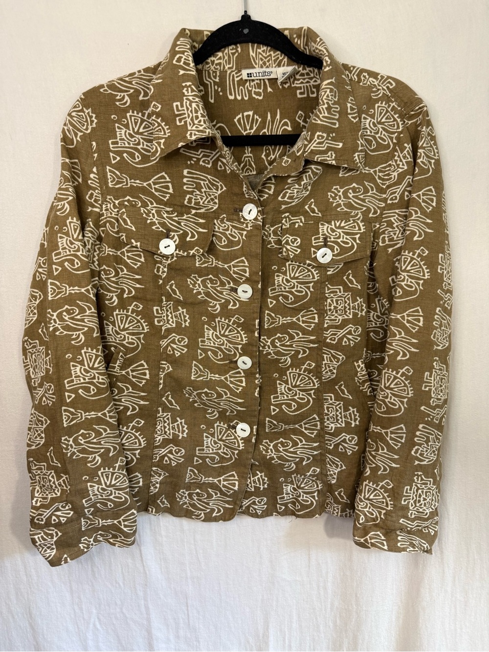 Vintage Aztec Print Tan Button-Front Blouse 100% Linen Size M
